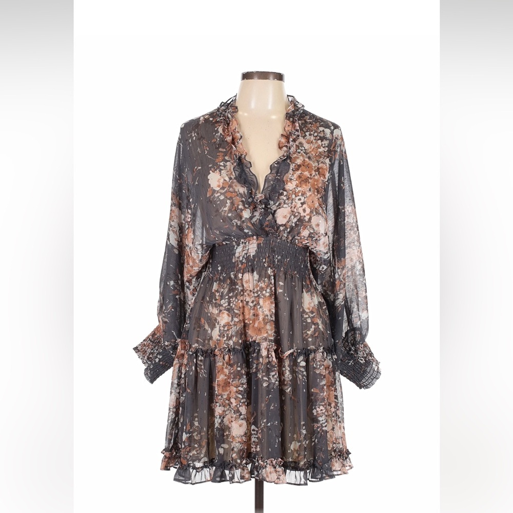 Lovestitch Boho Dark Grey Floral Low Cut Long Sleeve Dress…Size Large - Picture 9 of 10